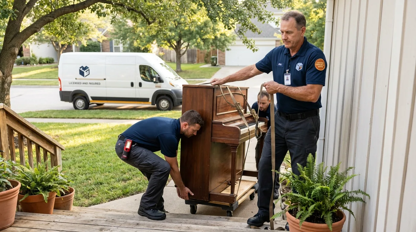 Licensed piano movers securing grand piano in Pryor, OK