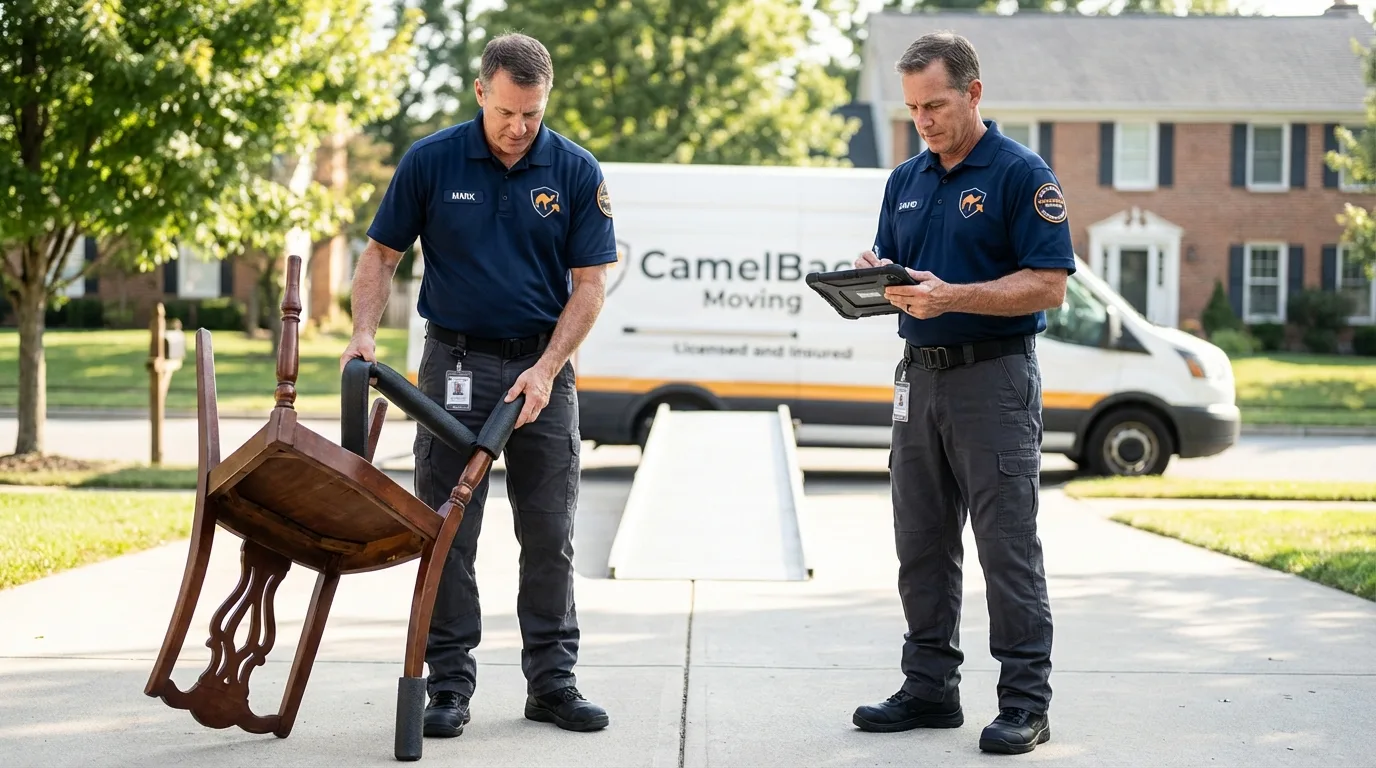 Movers inspecting furniture for damage prevention before loading in Pryor, OK