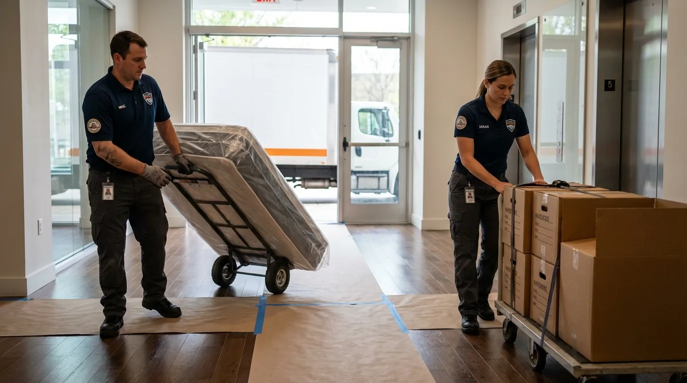 Professional apartment movers loading elevator in Pryor, OK