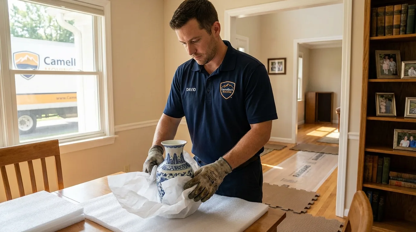 Professional crew carefully wrapping antique vase for senior downsizing move in Pryor, OK