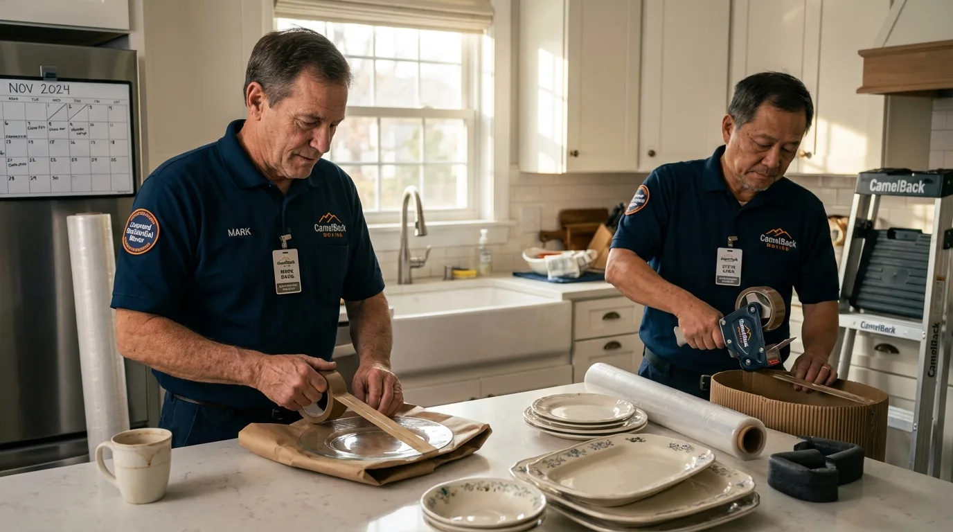 Professional crew packing kitchen dishware in Pryor, OK